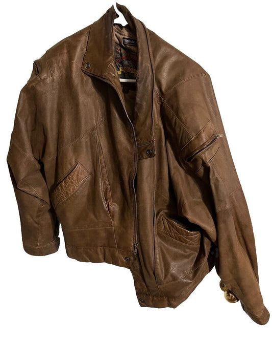 Brown men's leather bomber jacket with zippered pockets and snap button collar from 1118 Emporium