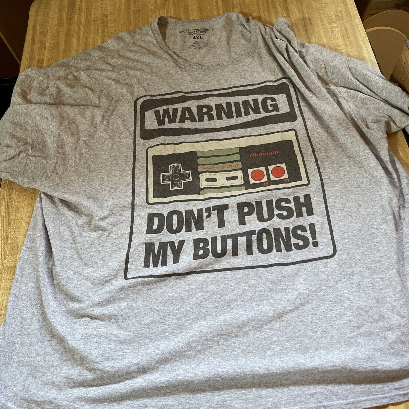 Nintendo controller t shirt 4XL gray with vintage gamepad and warning don’t push my buttons design