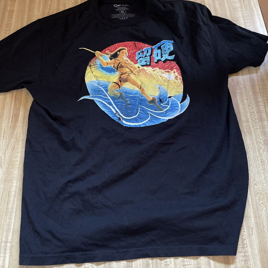 Black T-shirt featuring vintage style Qmx Firefly merchandise design with warrior woman and waves