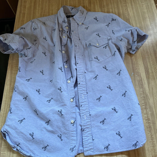 Light blue Ralph Lauren lobster print shirt with button-down collar and short sleeves