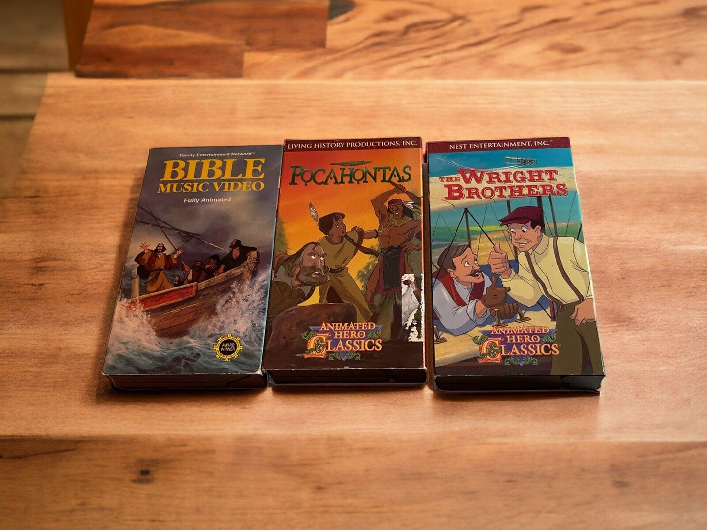 Religious animated VHS lot featuring Bible music video Pocahontas and Wright Brothers classic VHS tapes