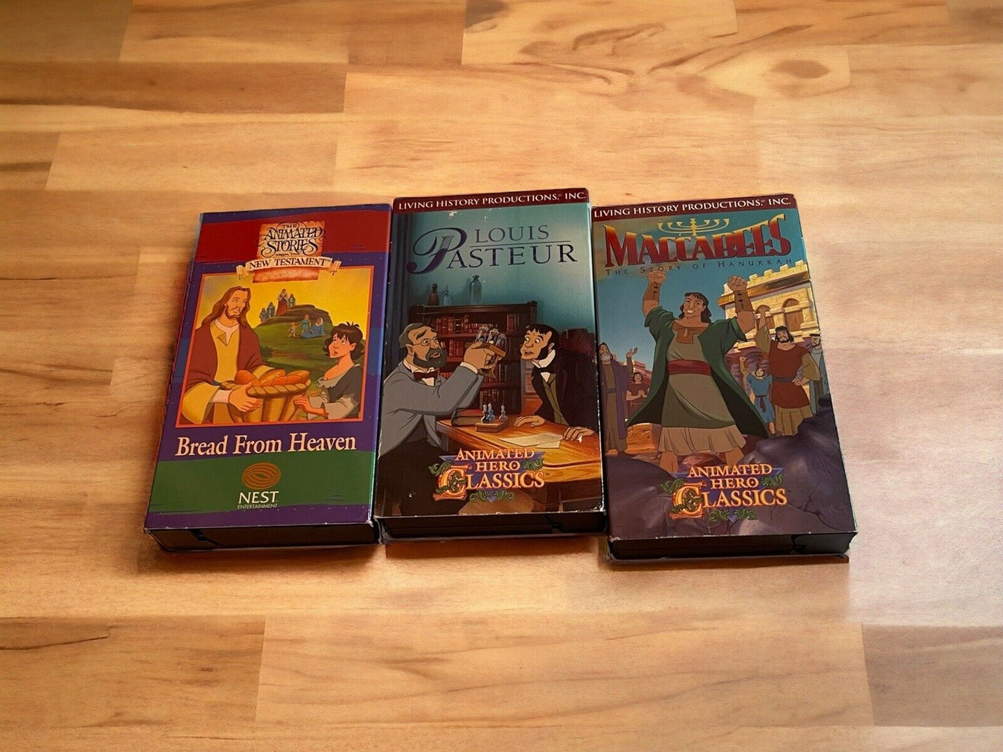 Religious animated VHS lot featuring Bread From Heaven, Louis Pasteur, and Mary Magdalene titles