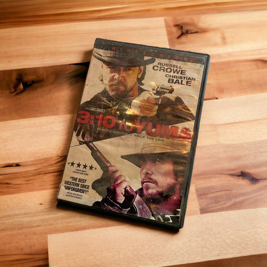 DVD case of 3:10 to Yuma featuring Russell Crowe Christian Bale western film on wooden surface