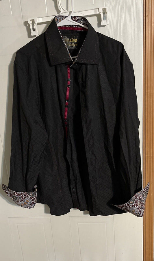 Black stylish button up shirt 2XL with paisley patterned cuffs and contrasting inner collar lining