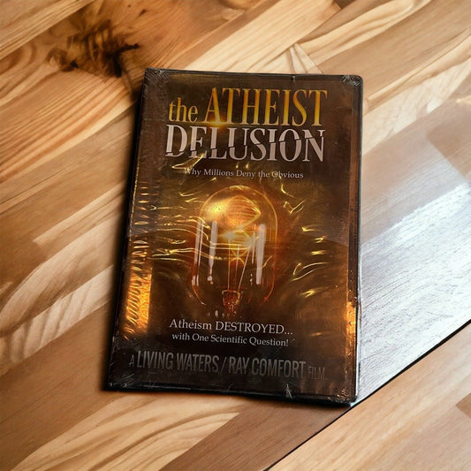 The Atheist Delusion DVD by 1118 Emporium with cover showing a glowing light bulb on wooden surface