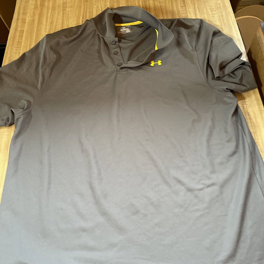 Gray Under Armour performance polo shirt for men with three-button collar and yellow logo detail