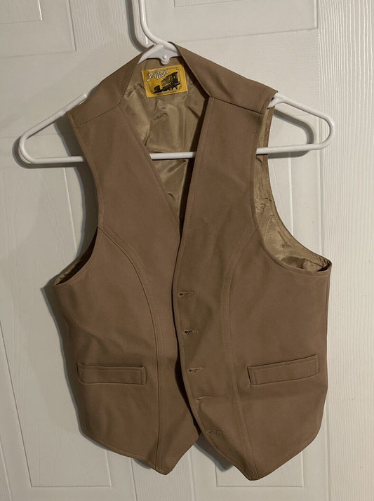 Beige vintage Angel Flight vest with button closure hanging on white hanger