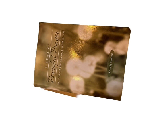 Yearly prayer book titled A Year of Powerful Prayers with 365 daily readings in gold cover