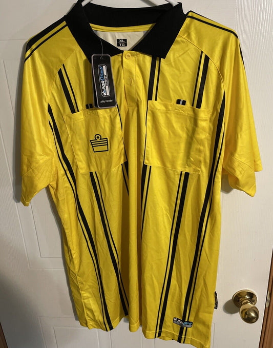 Yellow striped polo new with tags hanging on a hanger with black collar and vertical black stripes